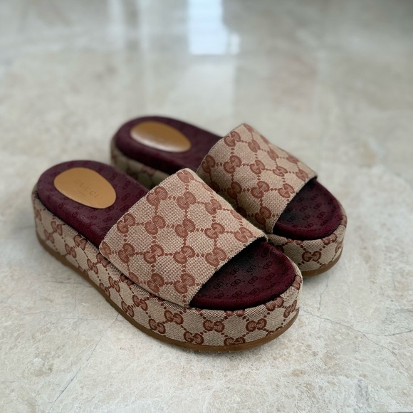Gucci Shoes - Gucci Angelina GG Canvas Flatform Slide Sandals Size 37 w/ Box